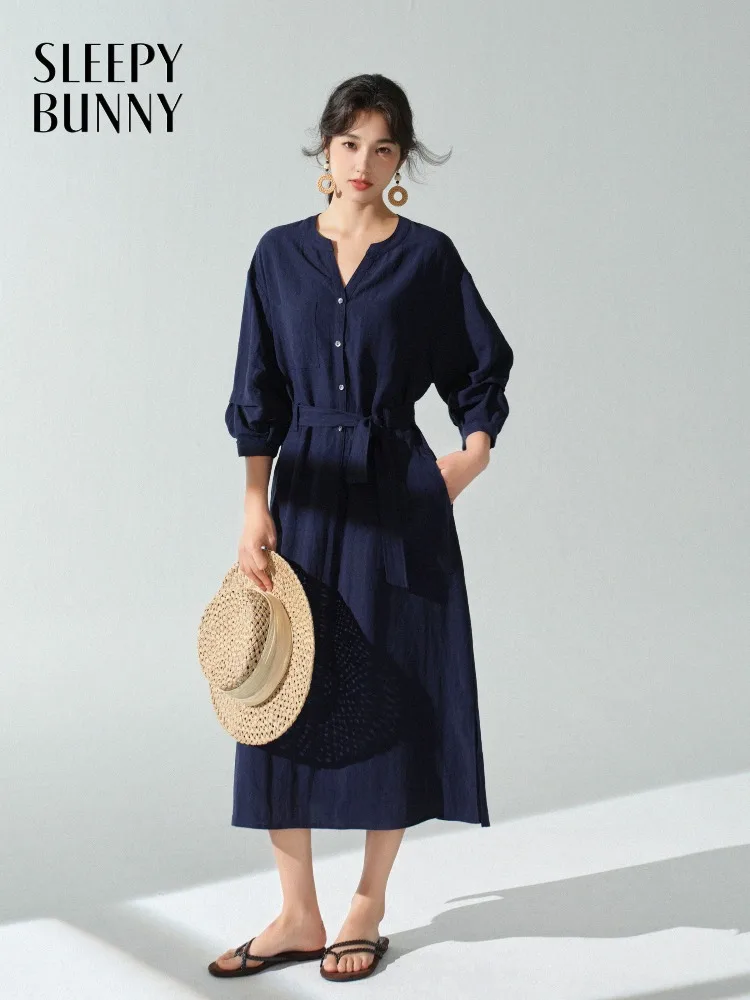 

Elegant Casual Chic Linen V Neck Shirt Dress Long Belted Waist Maxi Dress for Women Summer Outfit with Relaxed Stylish Design