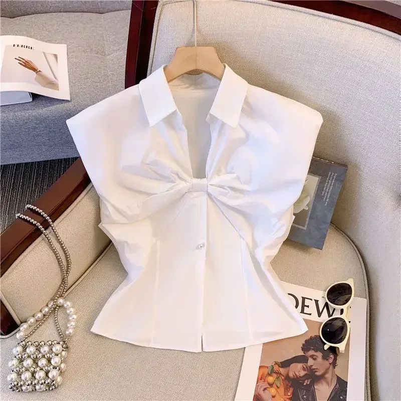 

French Sleeveless Shirt, High-end Design Sense, Bow Pleated Polo Shirt, Niche Chic One-line Shoulder Top, Foreign Style