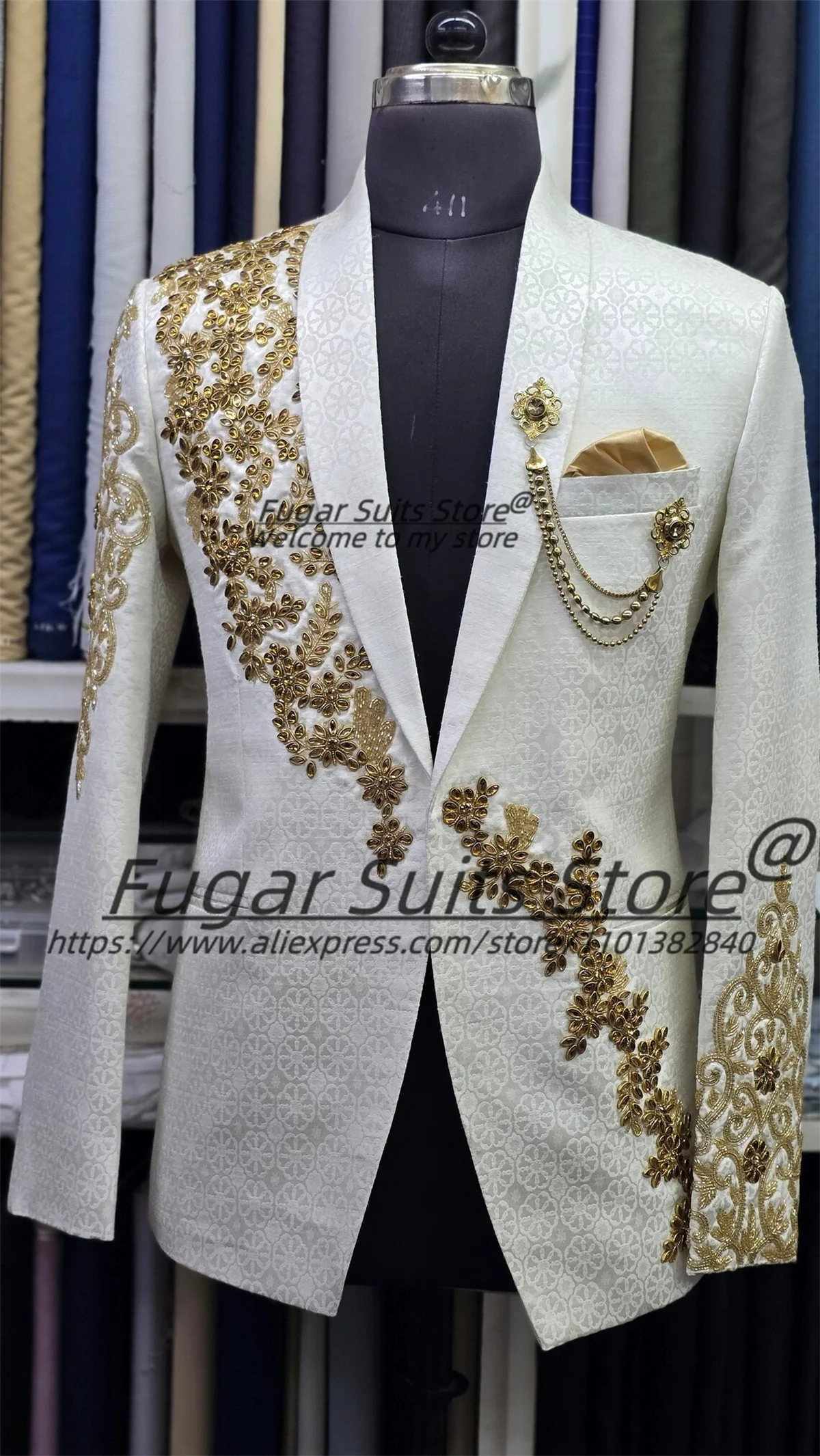 

Shiny Golden Gemstones Male Prom Blazer Customized Slim Fit Shawl Lapel Groom Wedding Tuxedos2Pieces Sets Elegant Costume Homme