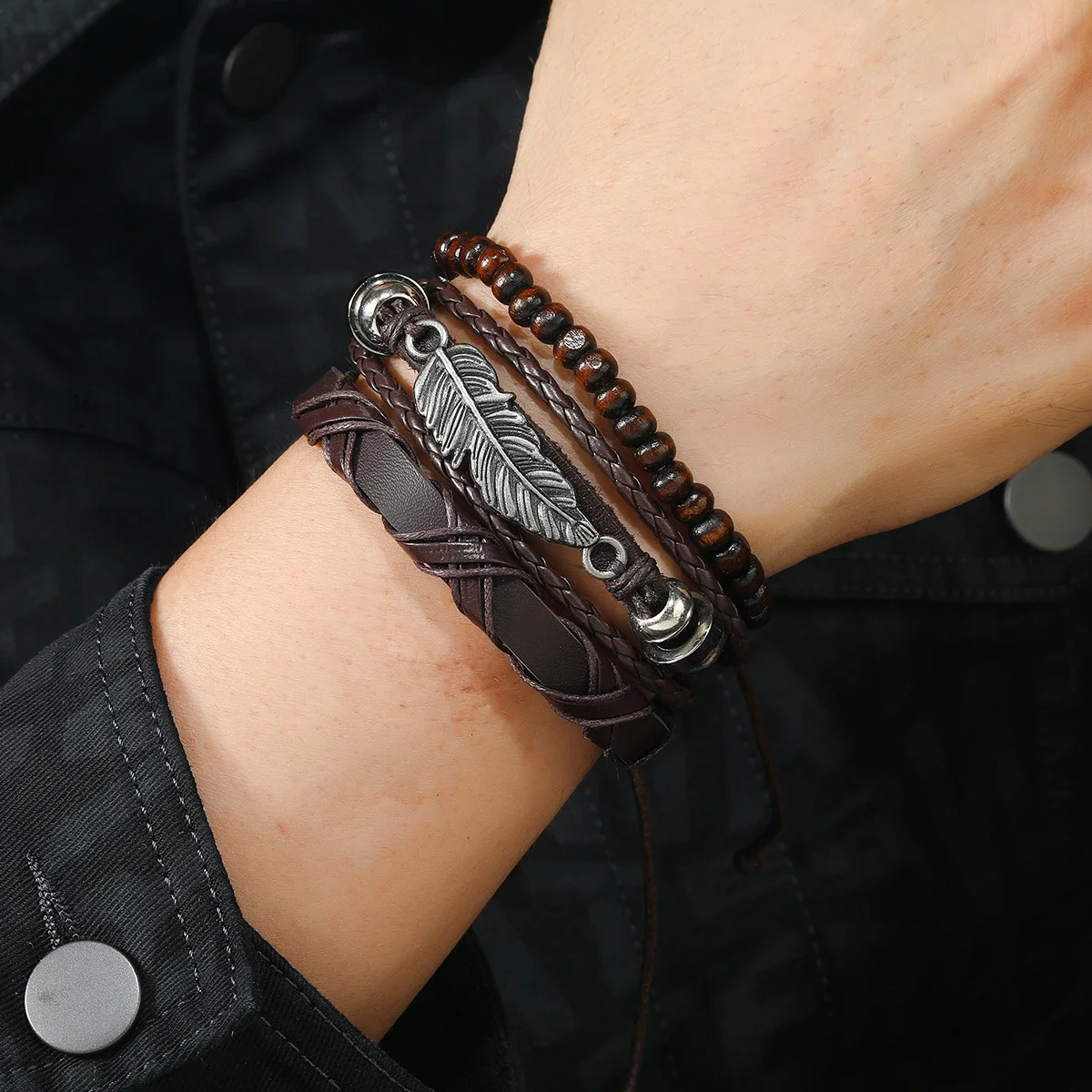 

Set Braided Wrap Leather Bracelets for Men Vintage Life Tree Rudder Charm Wood Beads Ethnic Tribal Wristband Rope Bracelet