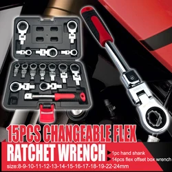 15-piece Set Ratchet Wrench Replaceable head Removable 180 ° Adjustable Vehicle Repair Tool Combination Set Box-packed