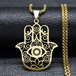 Flower of Life Fatima Hamsa Hand Pendant Necklace for Women Men Stainless Steel Gold Color Om Lotus Eye Chain Jewelry N8083S01