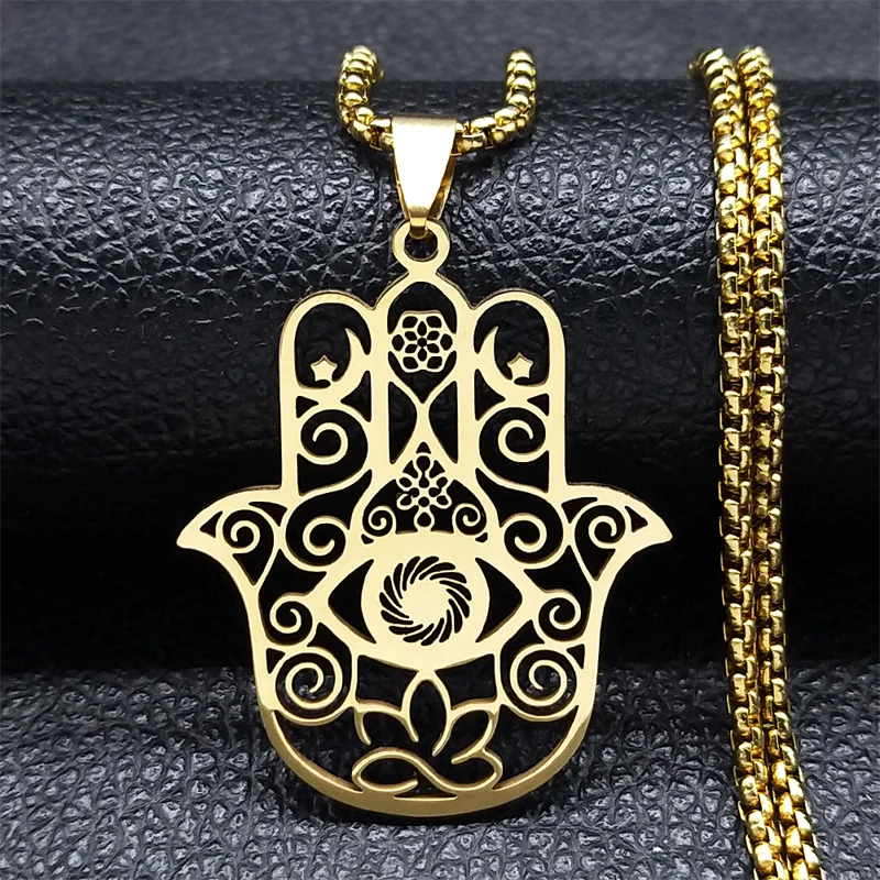 Kwiat Życia Fatima Hamsa Naszyjnik Ręka dla Kobiet Mężczyzn Biżuteria ze stali nierdzewnej w kolorze złotym Om Lotus Eye Chain N8083S01