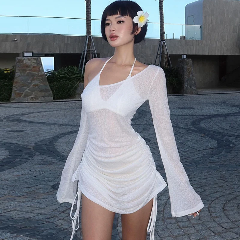 Women Off-Shoulder Dress for Beach Cocktail Club See Through Sheer Drawstring Ruched Long Sleeve Party Mini Dress Streetwear