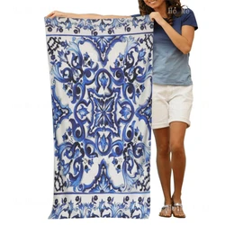 Mediterranean Tiles Navy Blue And White Pattern Quick-Drying Towel Soft Multipurpose For Bathroom Hotel Gym