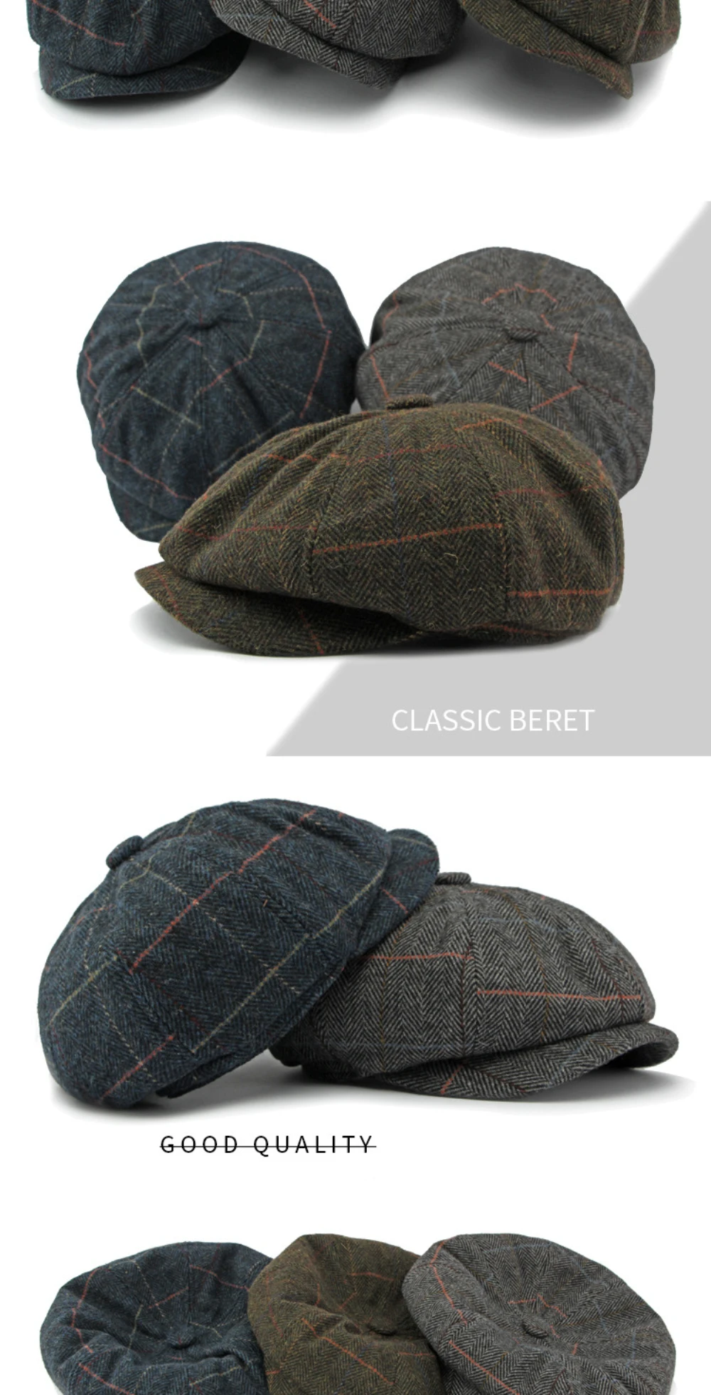 HT4255 Baskenmützen für Männer und Frauen, Retro-Künstler-Malermütze, karierte achteckige Ivy-Flachmütze für Herren und Damen, Herbst-Winter-Wollmütze – Detail 2