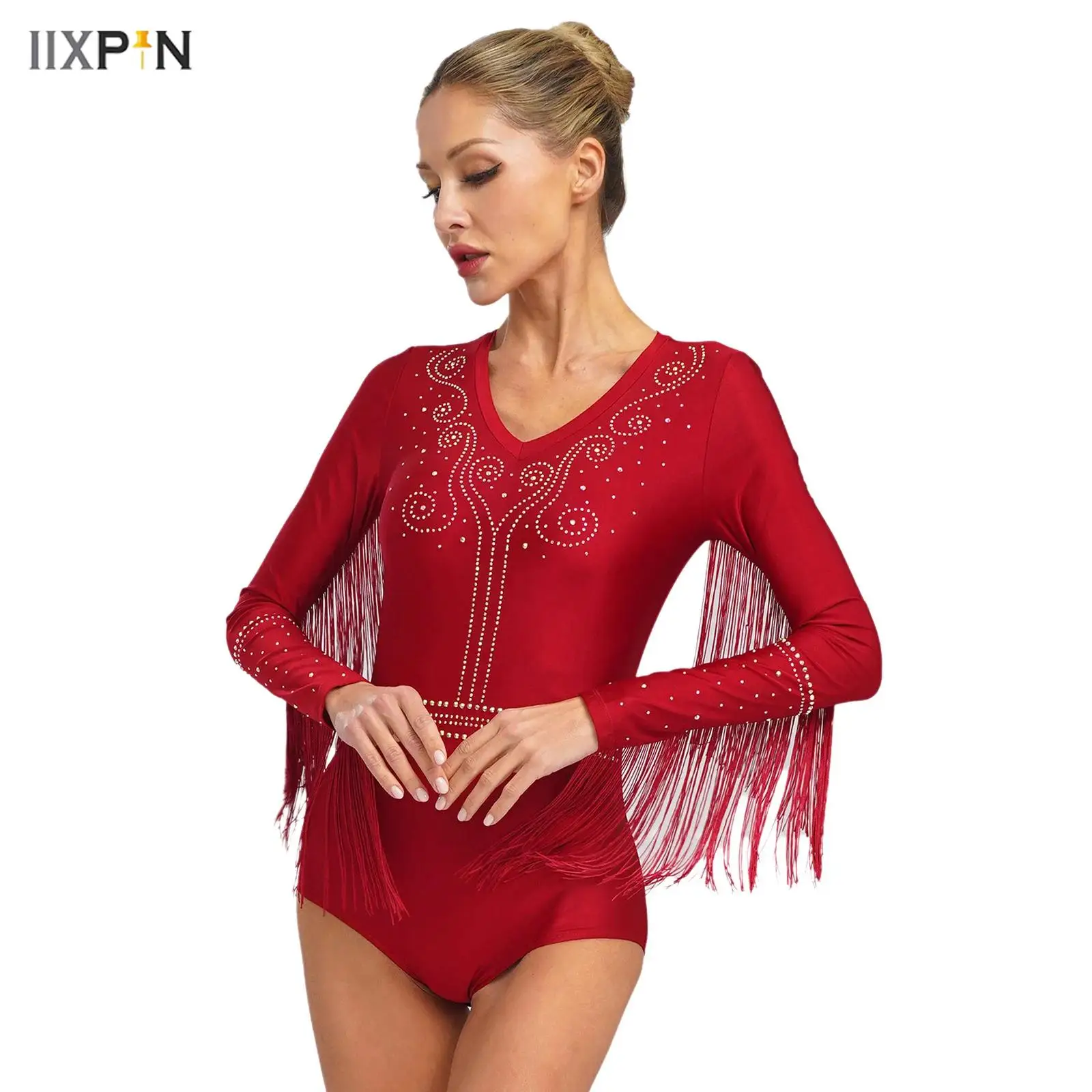 

Women Latin Tango Dance Costume Shiny Rhinestones V-neck Tassel Leotard Bodysuit Cha cha samba Performance Competition Dress