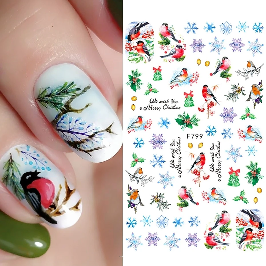 Pegatina navideña para uñas, copo de nieve, Urraca, pájaro, hoja deslizante 3D, diseño de Halloween, Año Nuevo, decoración, manicura, lámina de