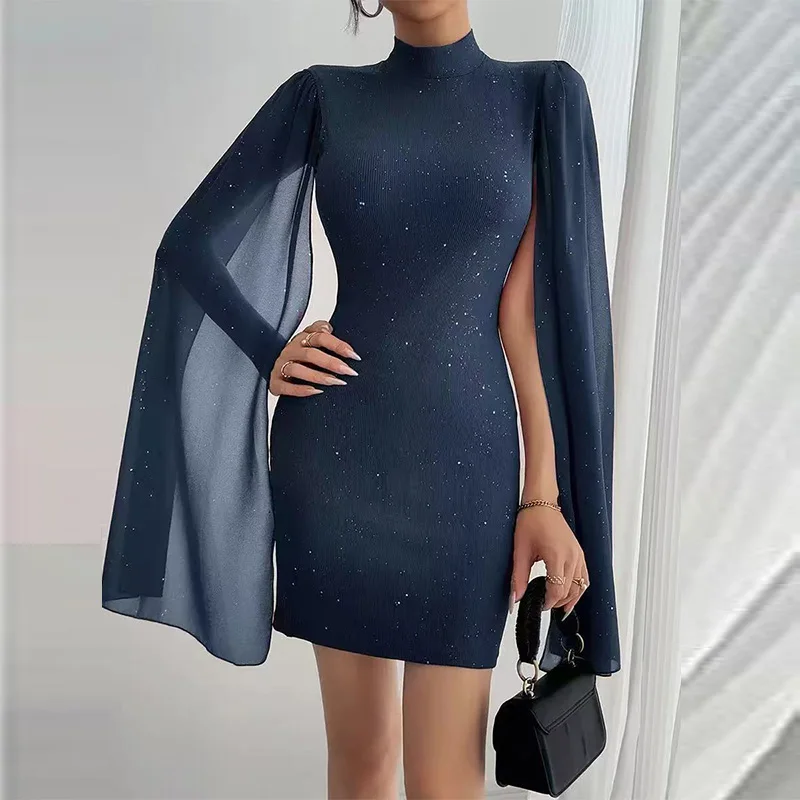 Sexy elegante vestidos de festa à noite em torno do pescoço pit listra pérola chiffon capa manga envolto hip vestido nova moda casual