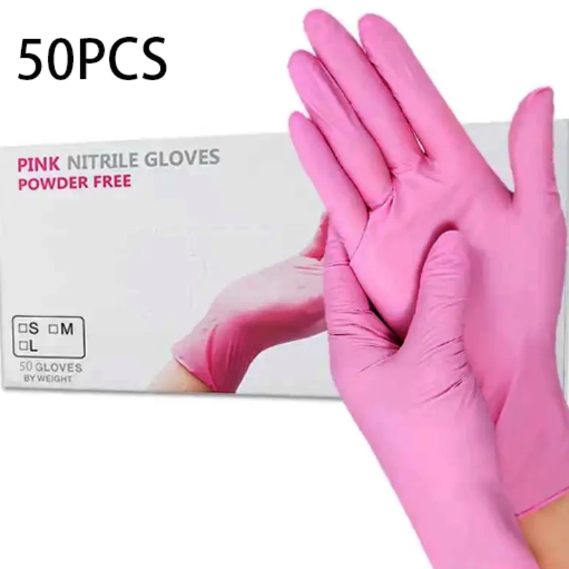 50PCS Pink Nitrile Gloves for Cleaning Pink Nitrile Disposable Gloves Household Cleaning Salon Glove Powder-Free