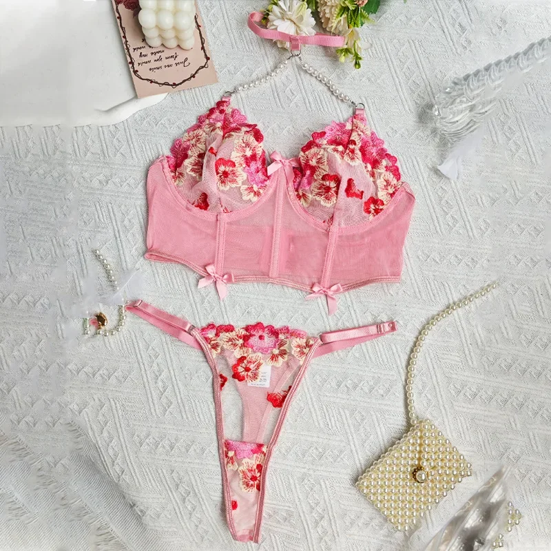 Kawaii Set Bikini estetika Pink 2000s motif bunga pakaian Y2k seksi transparan Lingerie erotis Set Tong pakaian dalam wanita mewah