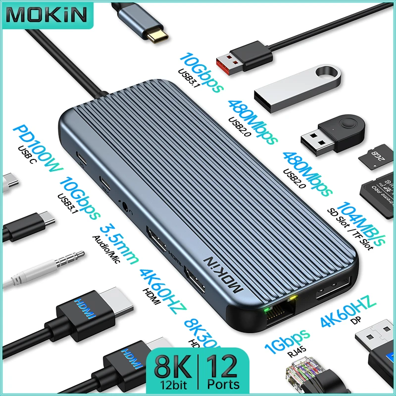 MOKiN 12 in 1 Docking Station for MacBook Air/Pro, iPad, Thunderbolt Laptop - USB3.1, HDMI 4K60Hz, PD 100W, RJ45 1Gbps, Audio