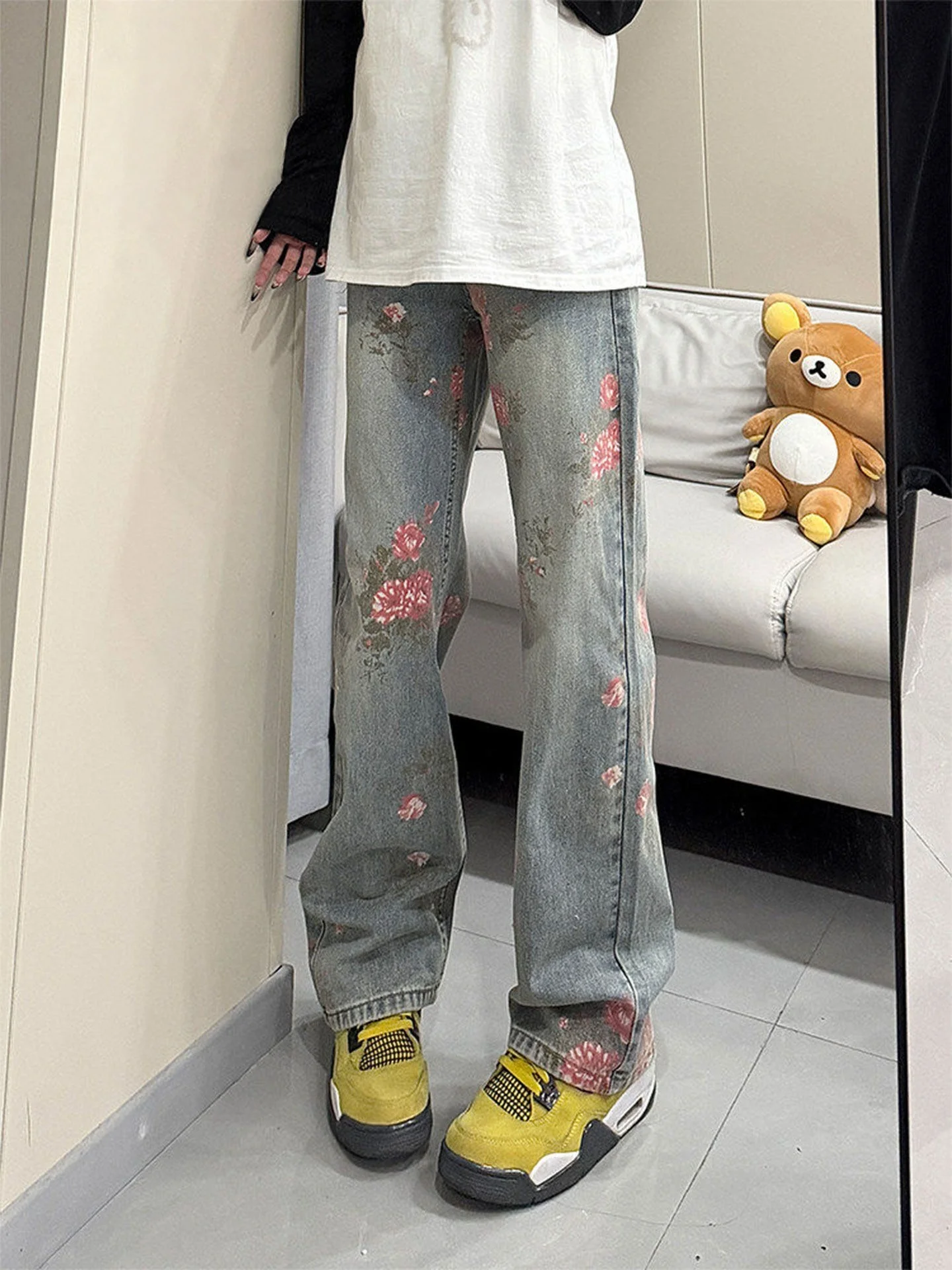 

Мужские синие джинсы American Sle с принтом роз, расклешенные, прямого кроя, повседневные брюки, молодежные модные джинсы