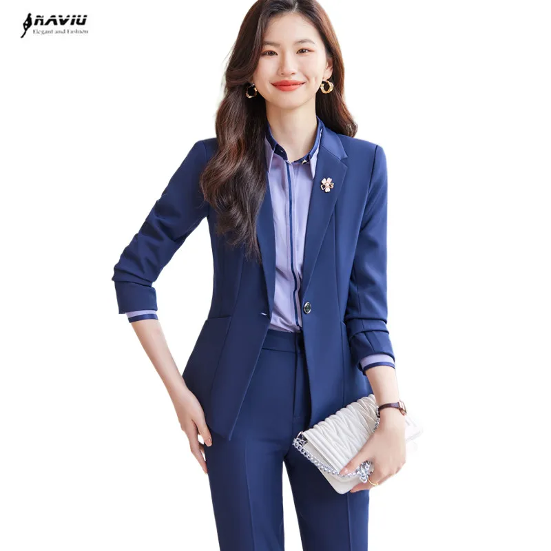 NAVIU Navy Blue Suits Women Autumn New Professional Temeprament Interview Slim Blazer And Pants Sets Office Lady Work Wear Black