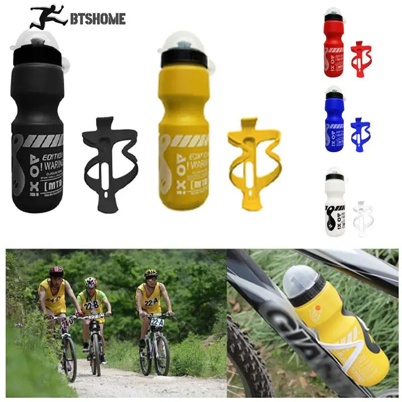 1PC 100% Portable Food-grade Polyethylene 750ML Mountain Bike Bicycle Cycling Water Drink Bottle+Holder Cage Rack