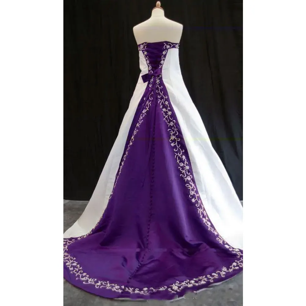 Vestidos de casamento bordados com trem roxo para mulheres, vestido de noiva rústico do país, vestido branco único, plus size, elegante, 2024