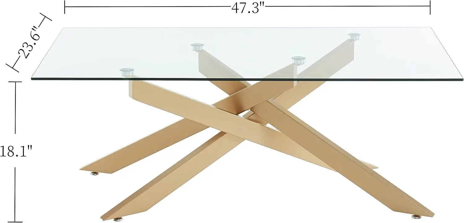 Mesa de centro moderna rectangular, tapa de vidrio templado y pata tubular de metal, 47,3 pulgadas de largo x 23,6 pulgadas de ancho x 18,1 pulgadas de alto, dorado