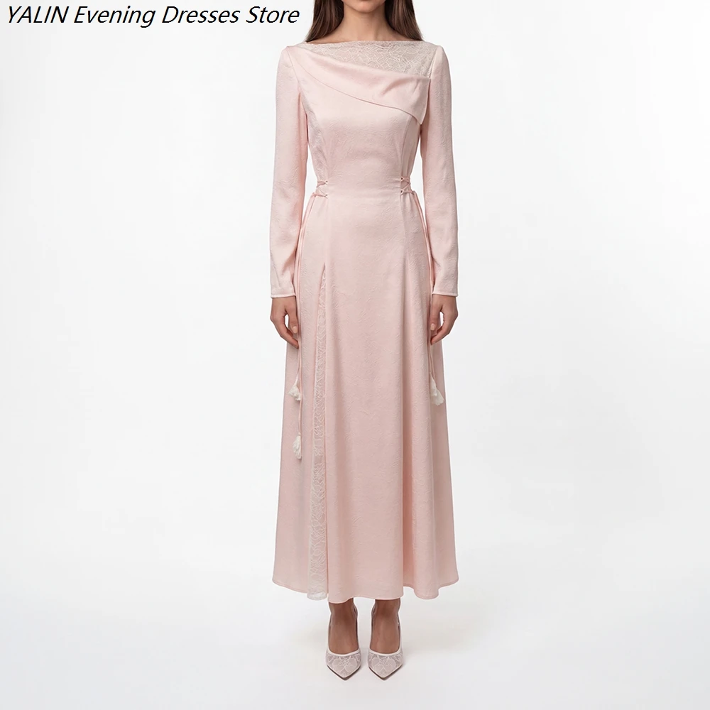 

Women's A-line Evening Dresses Tea-length Boat Neck Full Sleeve Prom Dresses Fashion Lace Simple Draped Casual Customized Gowns