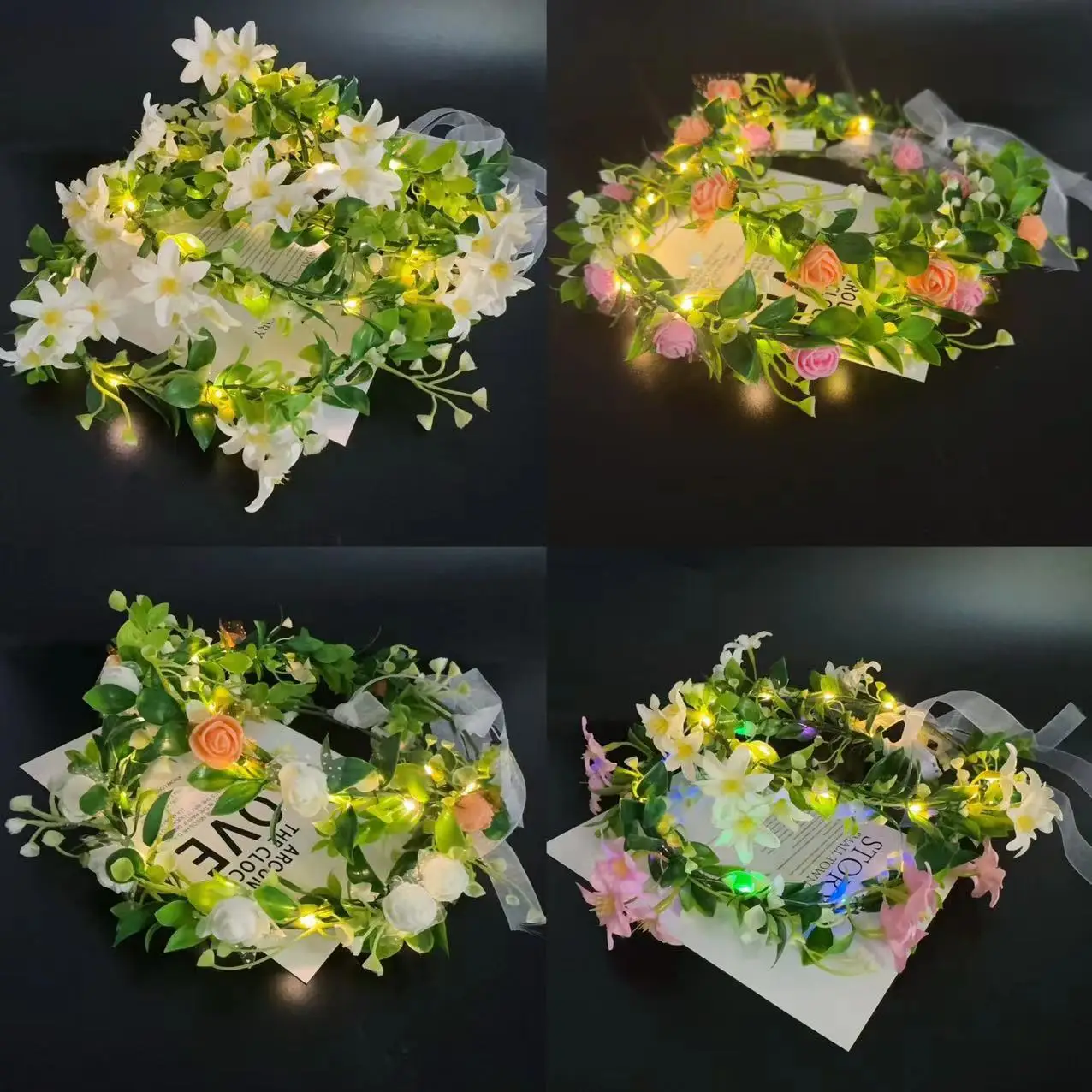 1pcs LED Light Up Bridal Green Leaf Flower Crown Floral Headband  s Photo Props Glow Party Supplies Wedding Festival