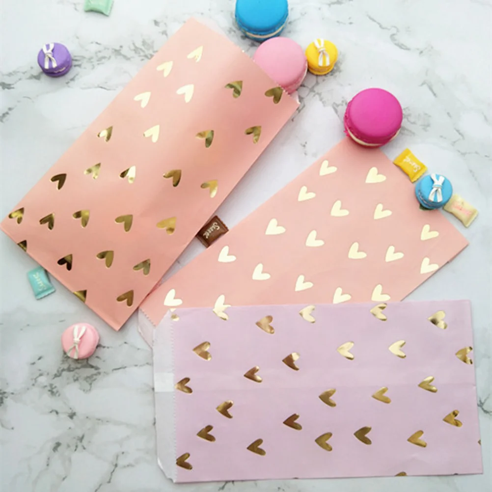 25pcs Candy Kraft Paper Bags Party Favor Paper Bag Gift Bags Eco-Friendly Food Safe Paper Treat Sacks (Pink Bronzing Love)