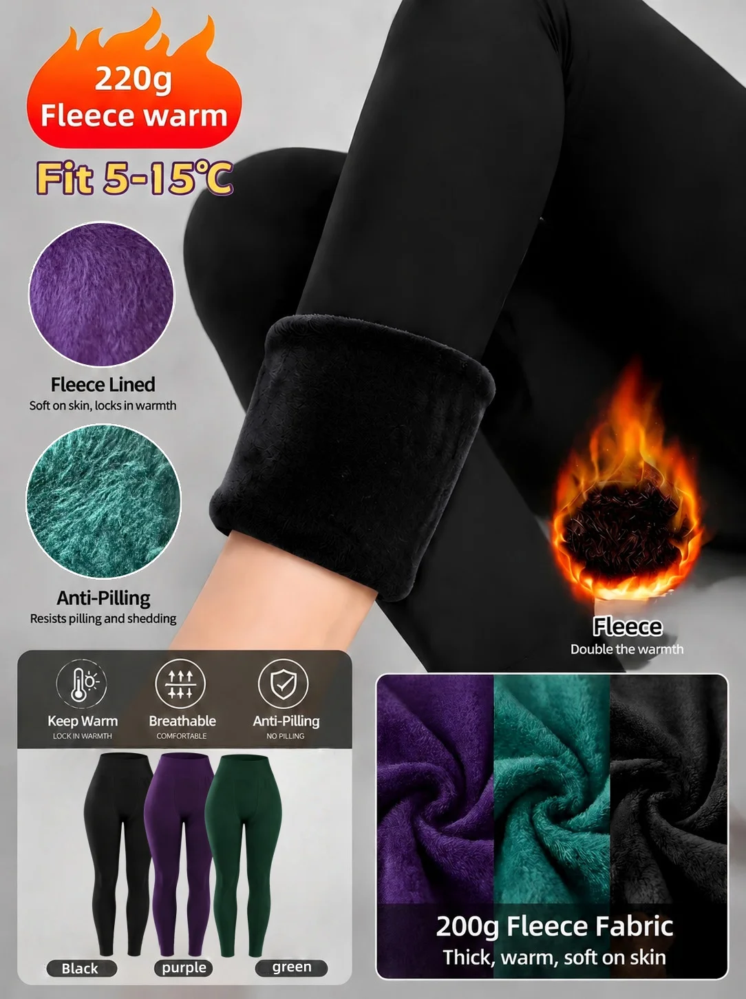 3-Pack 200g Fleece Lined Solid Color High Waist Leggings for Women Breathable High Stretch  Skinny Sports Base Pants
