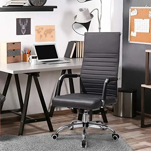 

Ribbed Office High Back PU Leather Desk Adjustable Swivel Task Computer Chair with Armrest for Conference Study Leisure, White