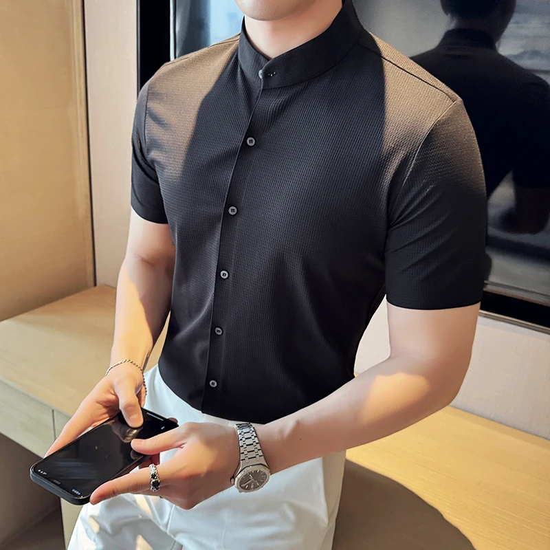 White Shirt For Men Summer New Chinese Stand Collar Designer Short Sleeve Male Shirt Cool Thin Waffle High Elastic Seamless Top