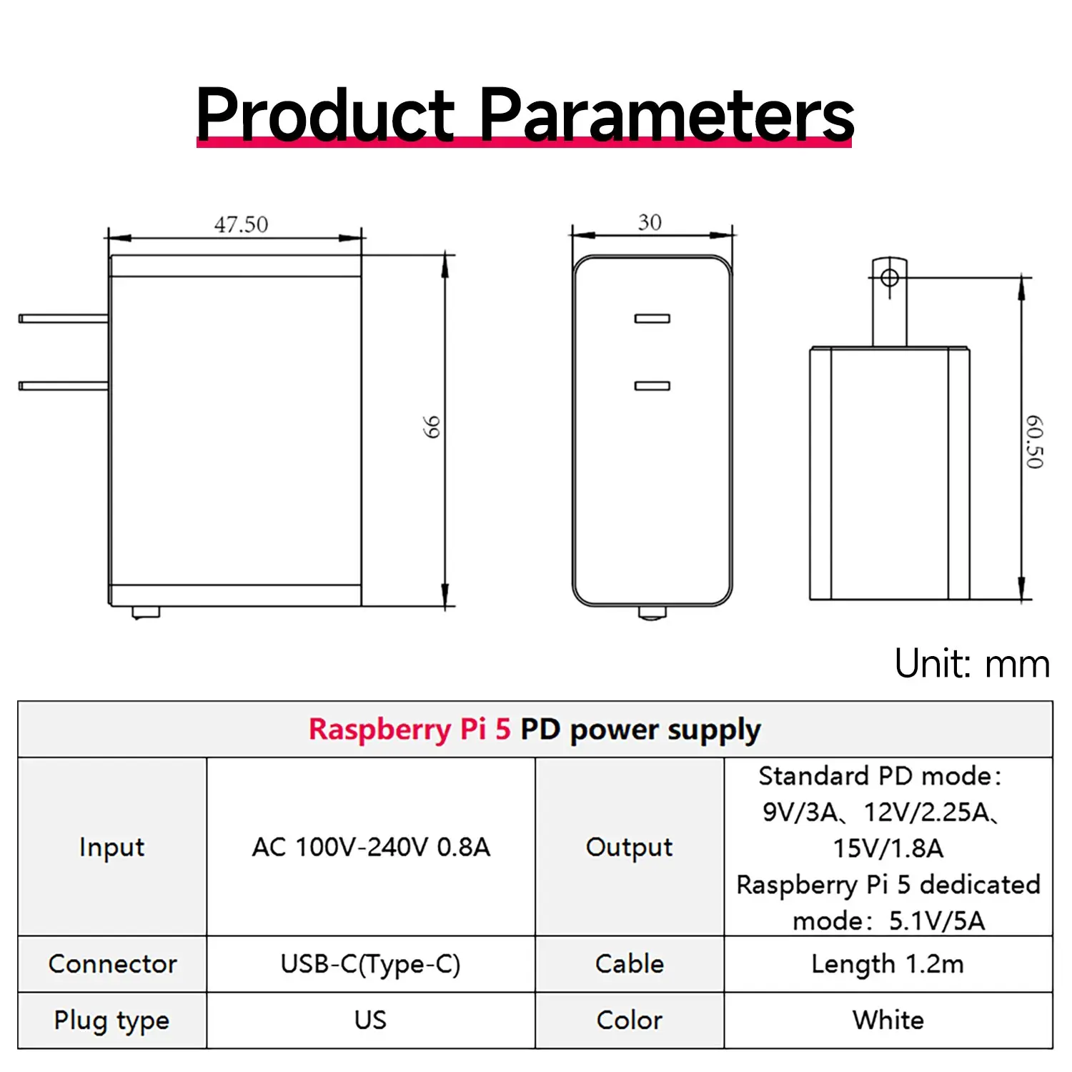 Raspberry Pi 5 Power Supply With PD Protocol 27W 5.1V/5A USB-C US PLUG Charger 1.2M Cable