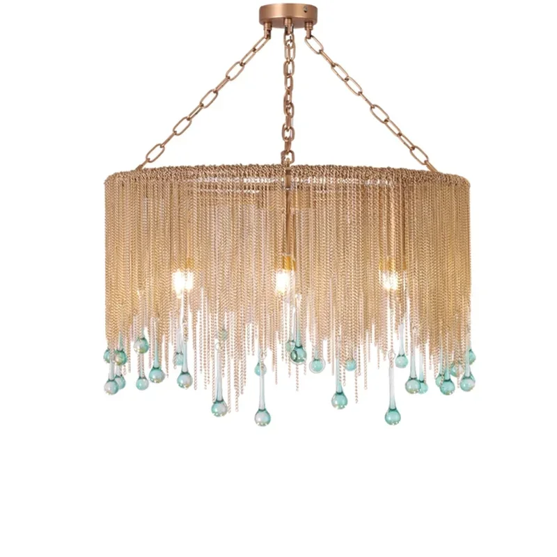 

American Copper Chain Blue Glass Drop Chandeliers Lights Retro Luxury Living Room Bedroom Lamps French Dining Hanging Fixtures