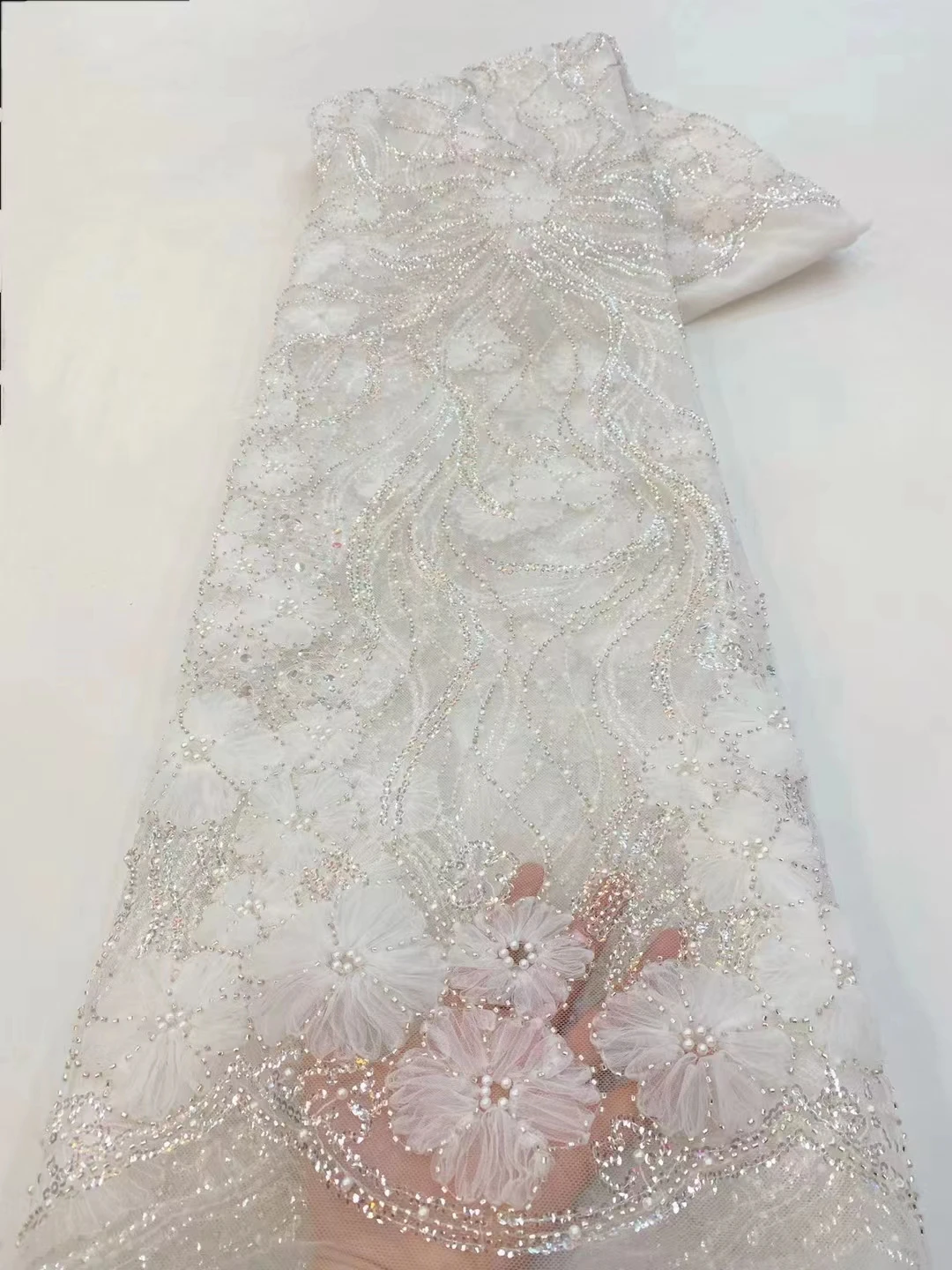 

White Lace African French Sequin 3D flower Groom Lace Fabric 2024 High Quality Lace Material Bridal For Nigerian Wedding Dresse