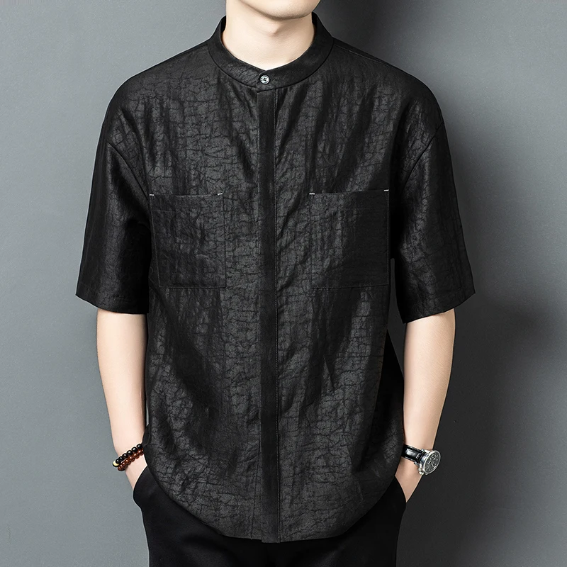 Covered Button Real Silk 100% Shirts For Men Short Sleeve Casual Summer Quality Gambiered Canton Gauze Pockets Camisas De Hombre