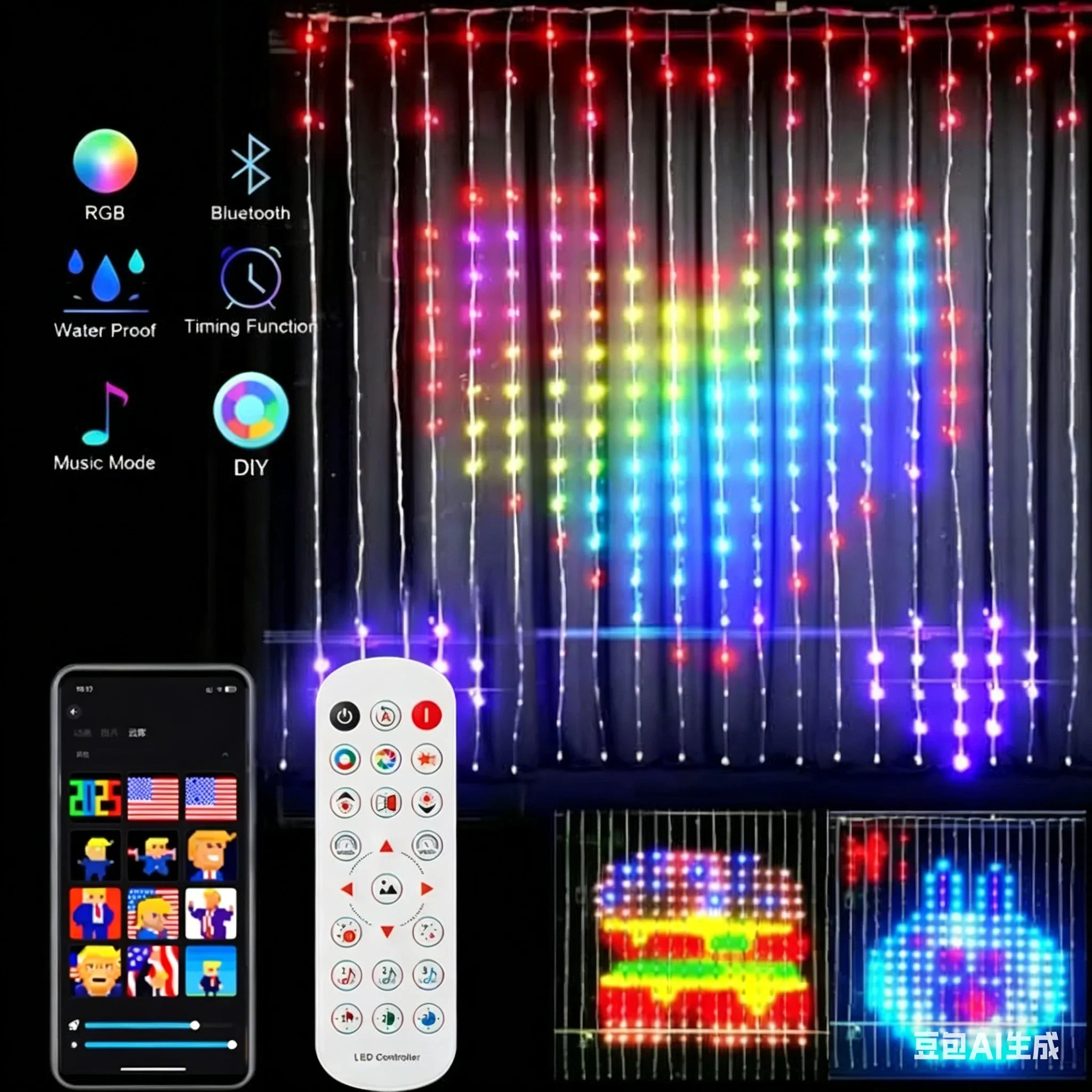 rideau-decoratif-led-intelligent-avec-controle-par-application-guirlande-lumineuse-feerique-motifs-et-textes-personnalisables-synchronisation-musicale-decoration-de-piece