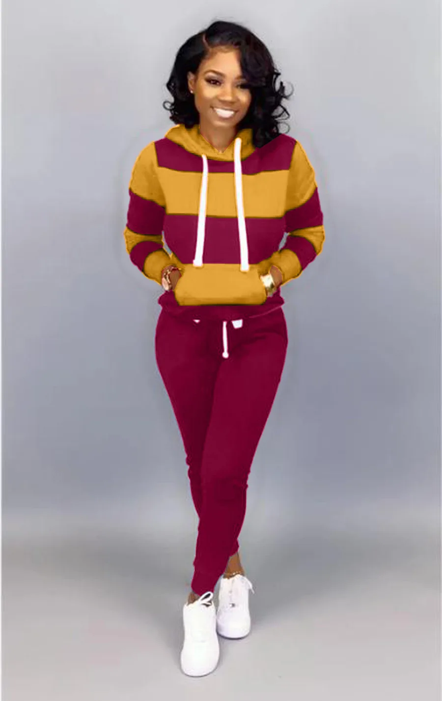 Women's horizontal striped sportswear two-piece long sleeved full zippered hoodie and pants sportswear set slim fit sportswear