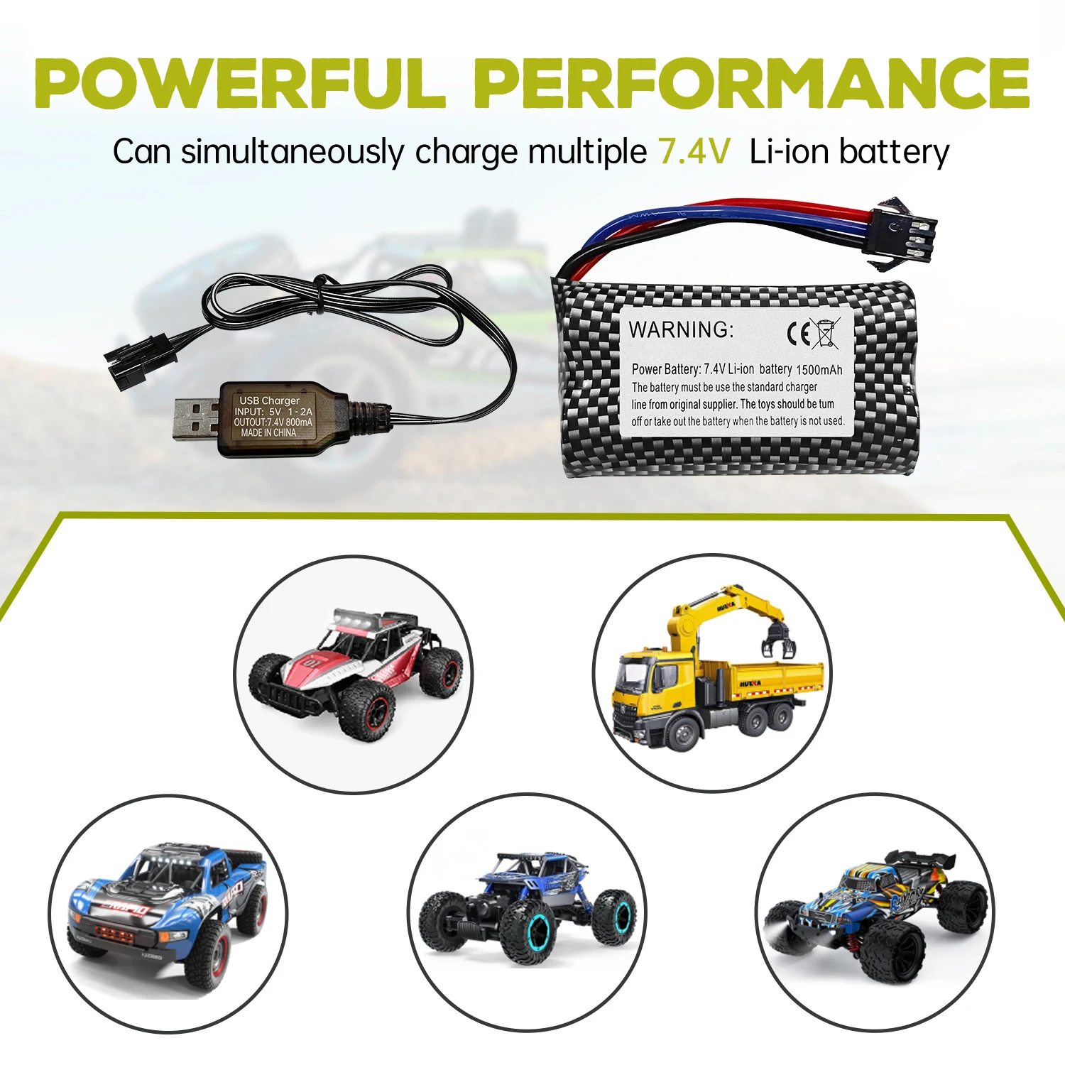 7.4V 1500mAh SM-3P Plug Li-ion Battery with USB Charging Cable for DE43 DE60 RC Racing 1575 Dump Truck Construction Vehicle
