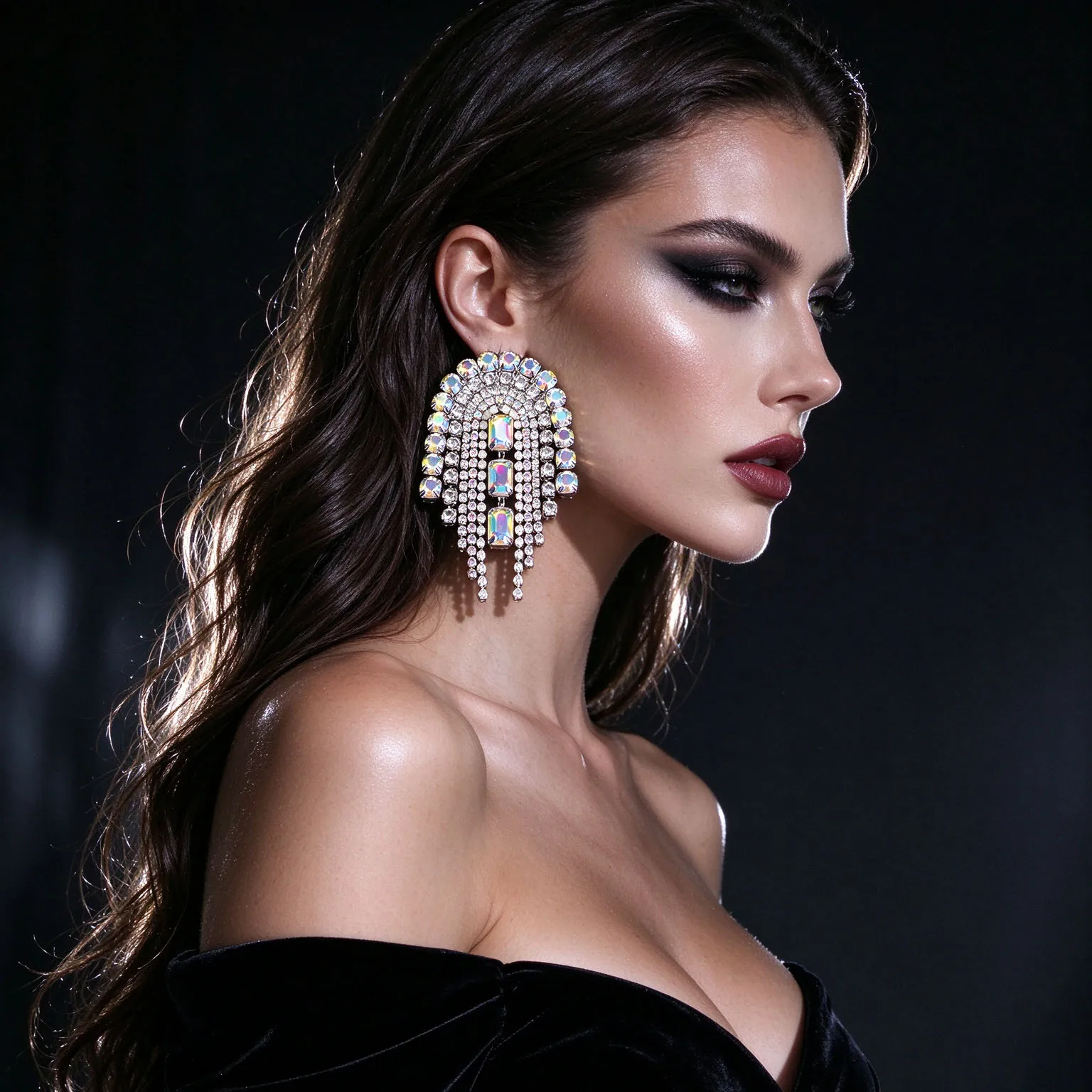 1pc Women AB Rhinestone Arch Tassel Earrings Luxury Crystal Statement Dangle Earrings for Wedding Pageant Evening Party Prom Jew