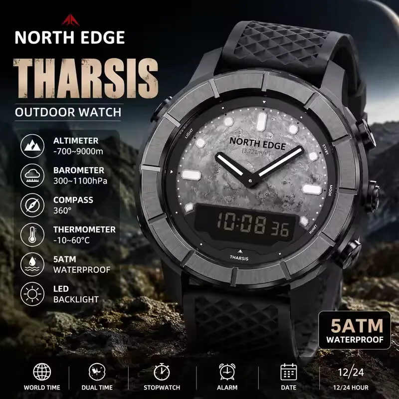 NORTH EDGE THARSIS Men Carbon Fiber Digital Watch 50ATM Waterproof Sports Watch Altimeter Barometer Compass Luminous