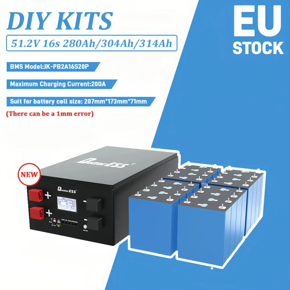 

BetterESS 48V 280AH 314AH LifePO4 Battery Box 51.2V DIY Kits JK BMS pb2a16s20p 4.3 inch LCD 15kWh Home Solar System Battery Case