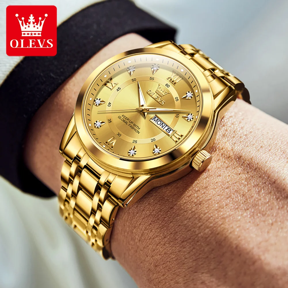 OLEVS Quartz Watch for Men Luxury Diamonds Gold Watch Waterproof Luminous Stainless steel Business Men\'s Quartz Watch Mens Watch