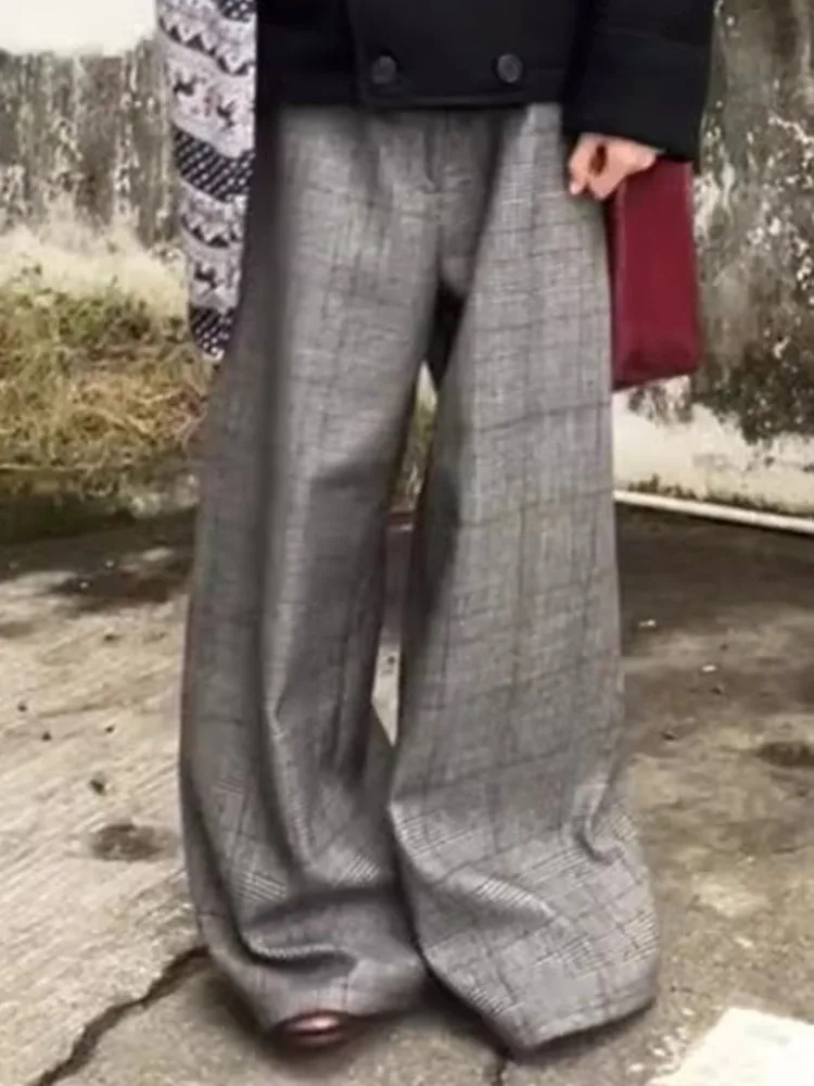 PBAP-pantalones de traje de Tweed a cuadros para mujer, pantalones plisados de cintura alta con bolsillos, pantalones de vestir de pierna ancha holgados, ropa Formal informal de oficina