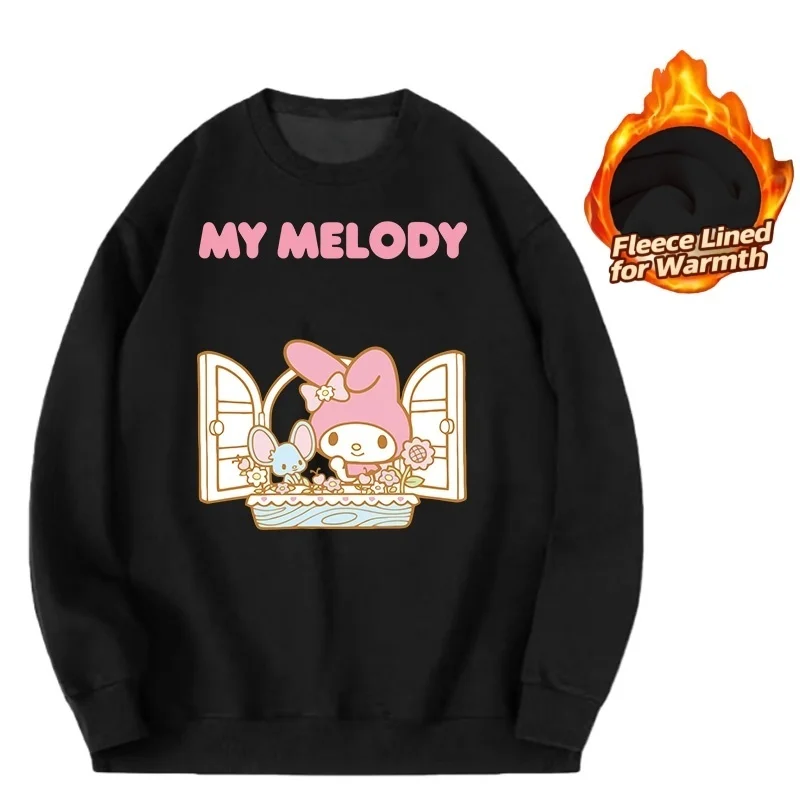 

Sanrio Series Printed Crew Neck Long-Sleeve Top, Cute and Warm Fleece-Lined Crew Neck Long-Sleeve T-Shirt, 100% Cotton