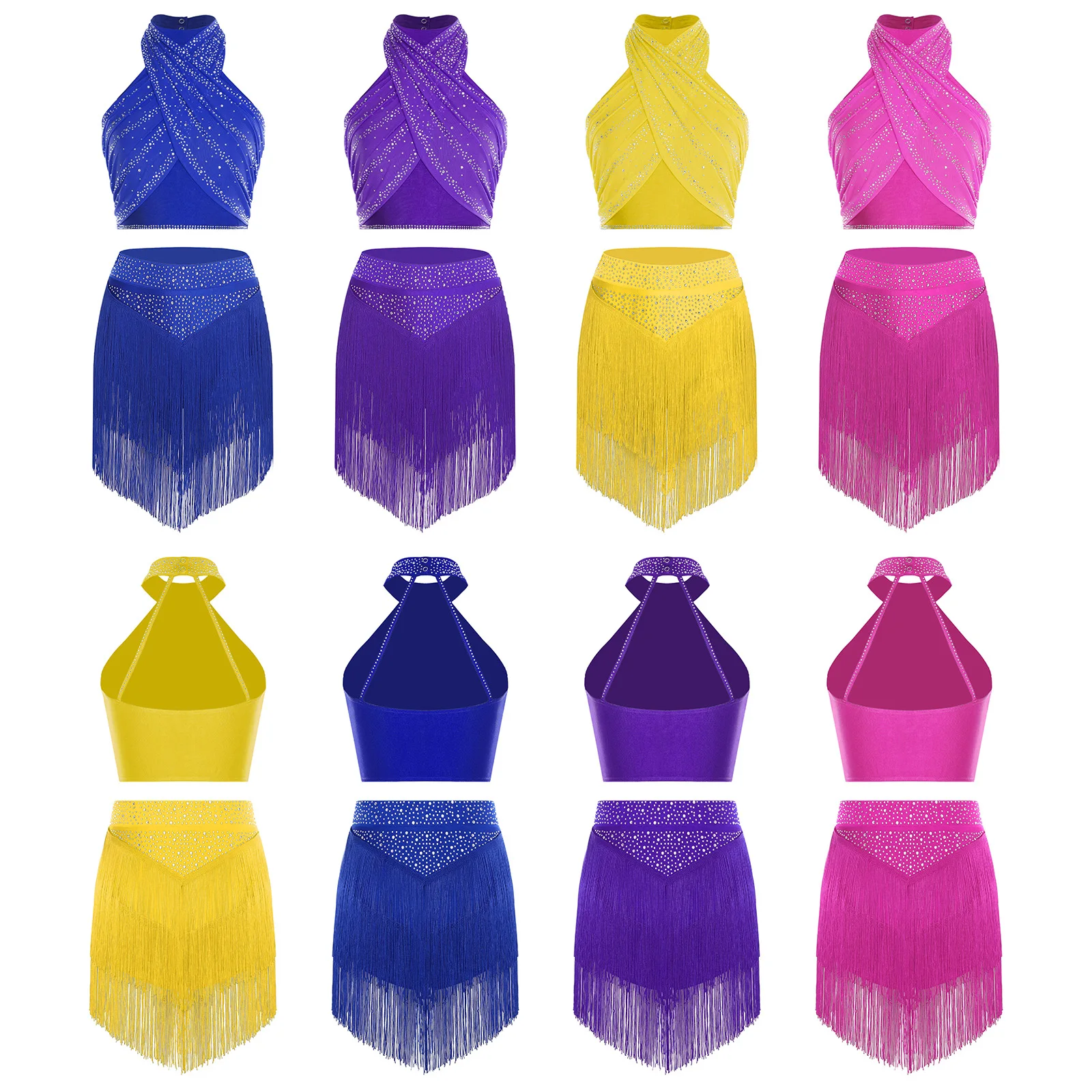 여성용 차차 댄스 의상, 홀터 백리스 반짝이는 주름 크롭 탑과 티어드 태슬 스커트, 라틴 댄스 벨리 댄스용 내장형 반바지 포함