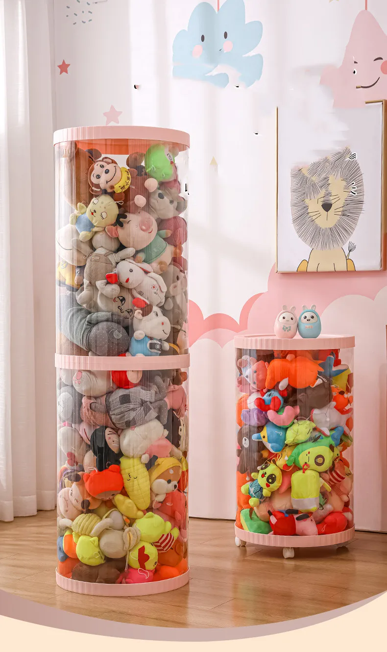 Plush Bucket Children\'s Toy Box Doll Storage Container Cylinder Rotation Transparent Moistureproof Storage Tube Organizer