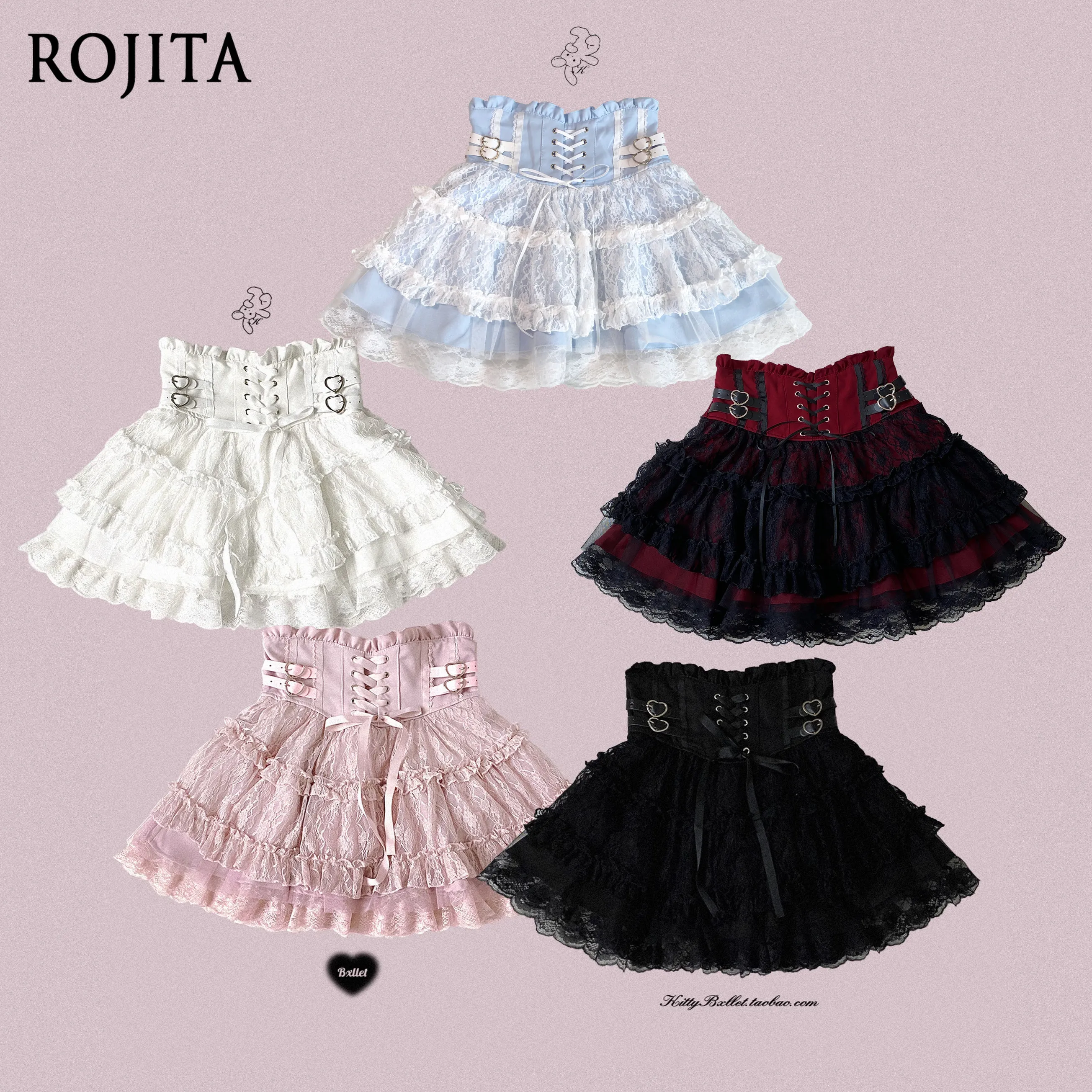 Women Gothic Lolita Mini Skirt High Waist Lace Ruffle Tiered Skirt Heart Buckle Corset Short Skirt