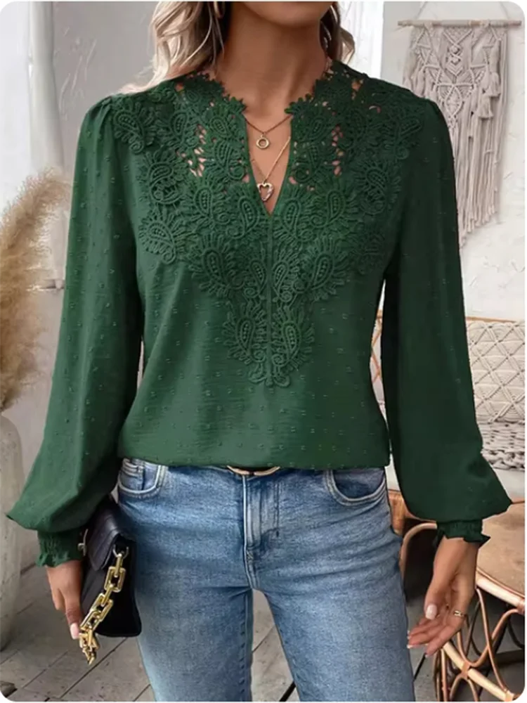 Luxury Solid Color V-Neck Long Sleeved Lace Top Women\'s Hollow T-Shirt Lady Elegant Office Autumn Spring Blouse Clothes