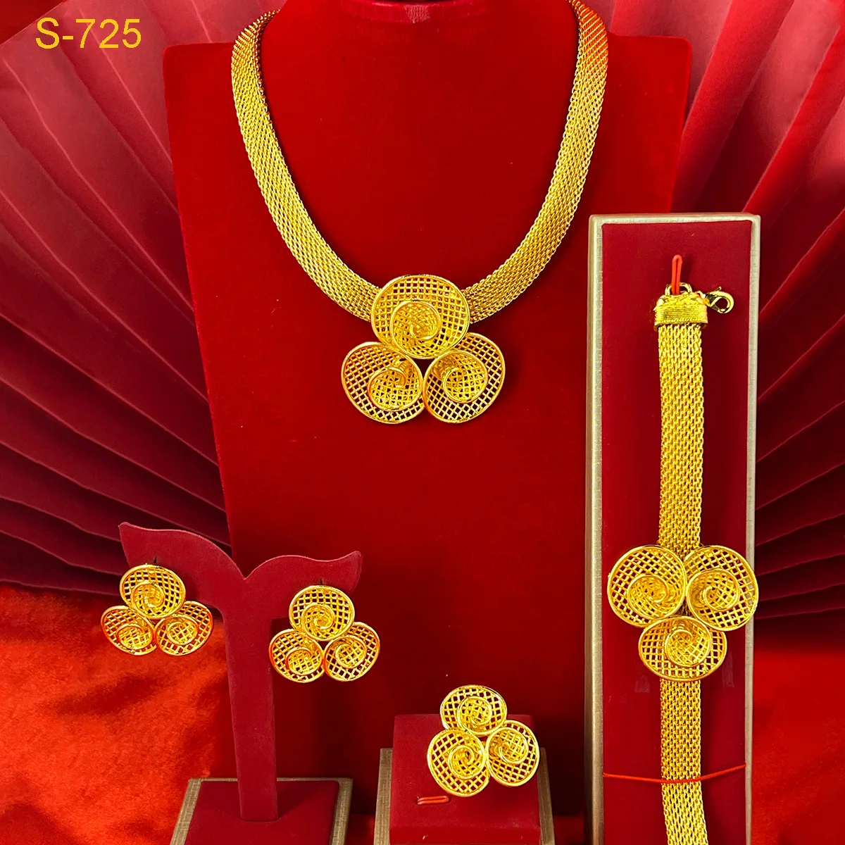 

24K Gold Flower Tassel Necklace Earrings Ring Bracelet Bride 4-Piece Set Women AU999 - comfortable fit for brides