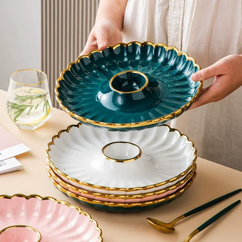 

Flower Shape Dumpling Plate Ceramic Snack Platter with Dipping Dish Household Fruit Salad Disc Japanese Tableware