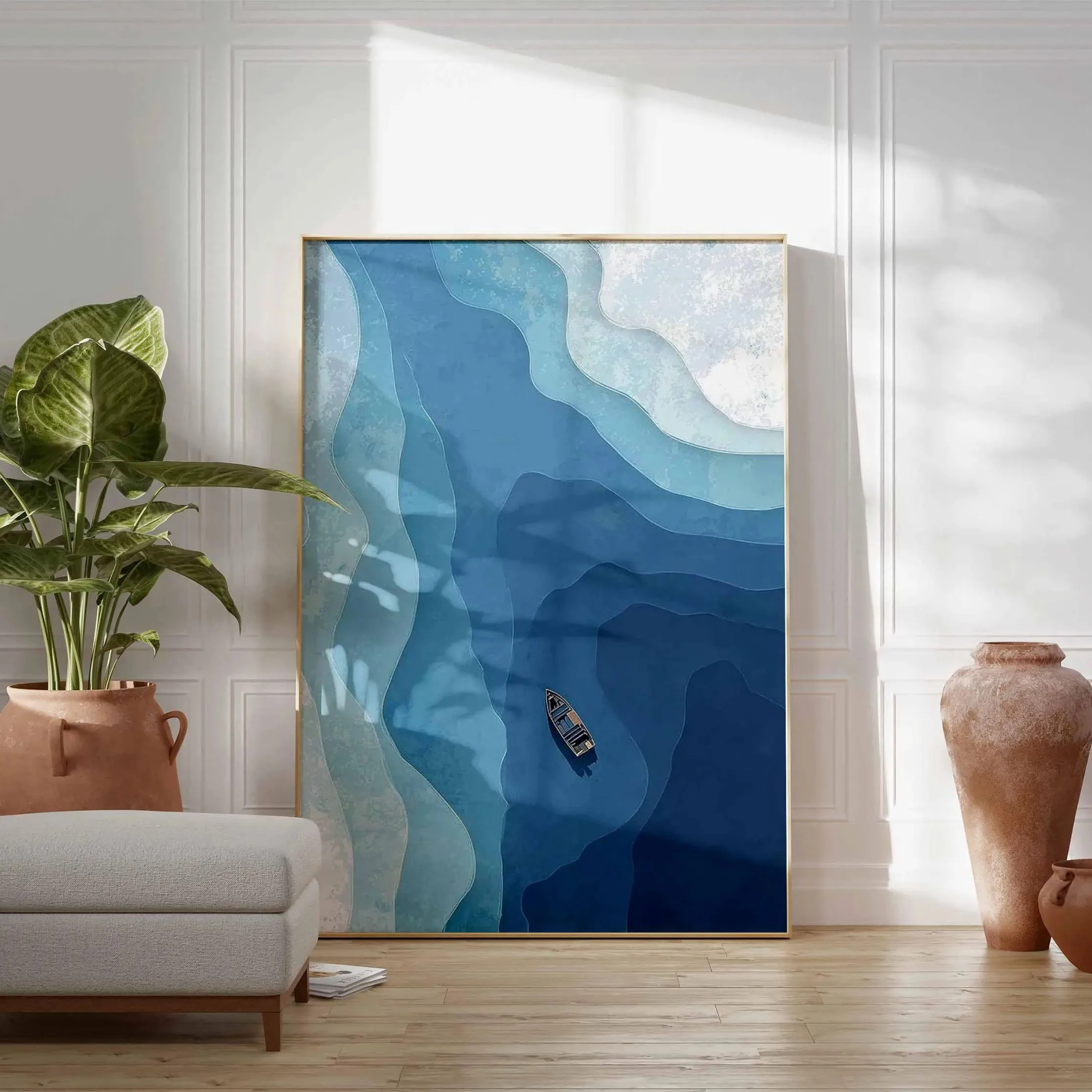 

Abstract minimalist wave art print, modern coastal style wall decor, sailboat blue nautical aesthetic poster, home decoration.