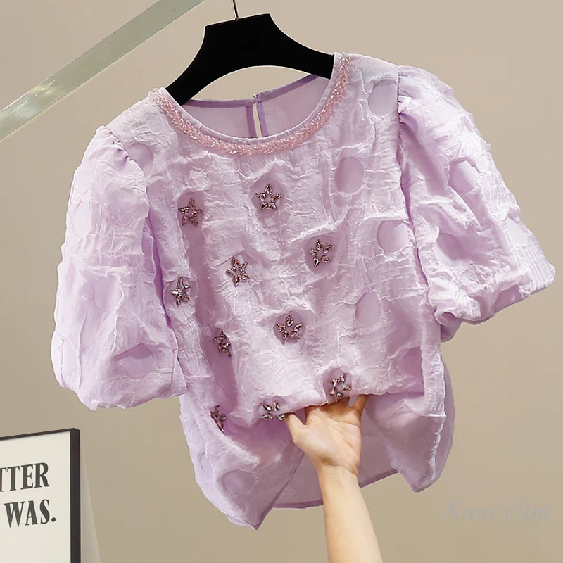 

Temperament Fashion Diamond Jacquard Blouse, Women's Crew Neck Bubble Sleeve Short Sleeves Shirt, Fashion Purple Pullover Top