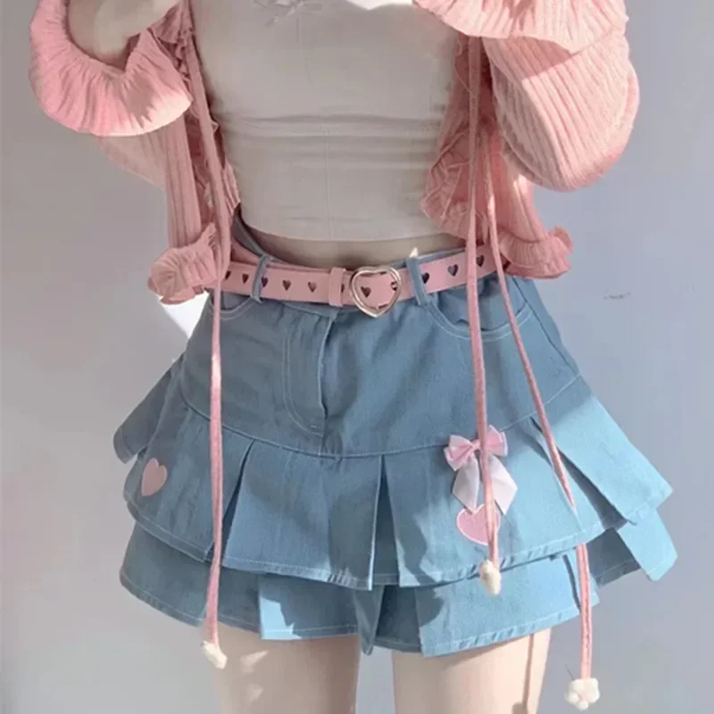 Zomer Zoete Lolita Denim Rok Meisjes Schattige Hoge Taille Casual Strik Gelaagde Rokken Vrouwen Koreaanse Hartjes Borduurwerk Sexy Minirok