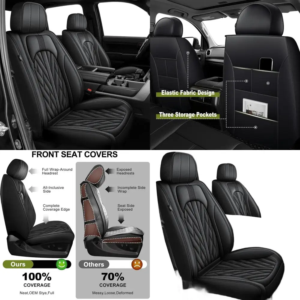 

Индивидуальные дышащие кожаные чехлы для сидений для пикапов Tundra Crewmax Double Cab 2014-2021 годов выпуска - полный комплект, черные